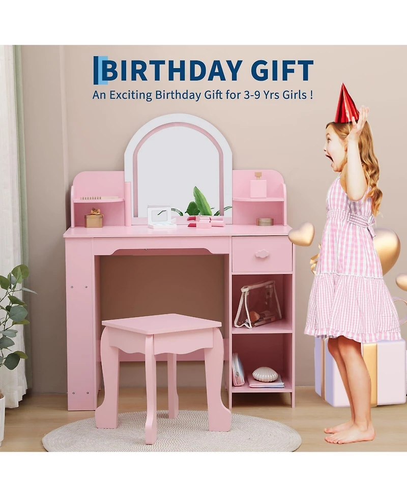 gaomon Kids Vanity with Lighted Mirror & Stool, Little Girls Adjustable Led Light, Bookshelf