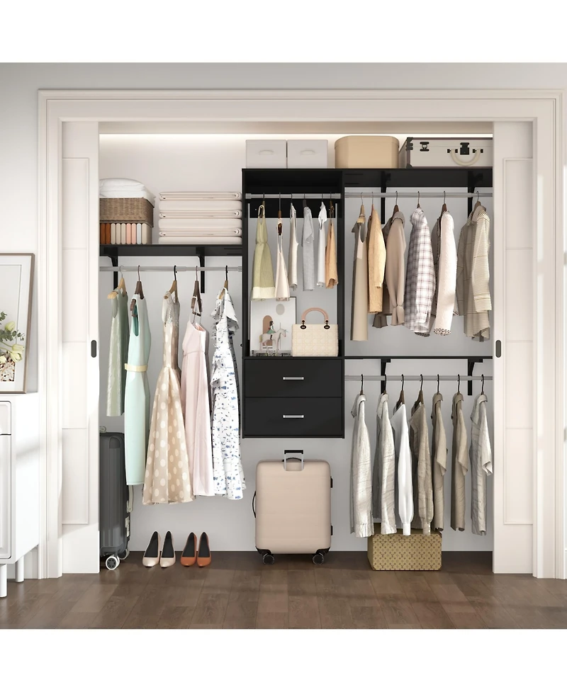 96 Inch Wall Mounted Closet Organizer System with 3 Shelves and Rods, Rack 2 Drawers