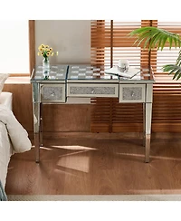 Streamdale Furniture Mirrored Vanity Desk, Crushed Diamond Inlay, Flip-Top Mirror, Silver