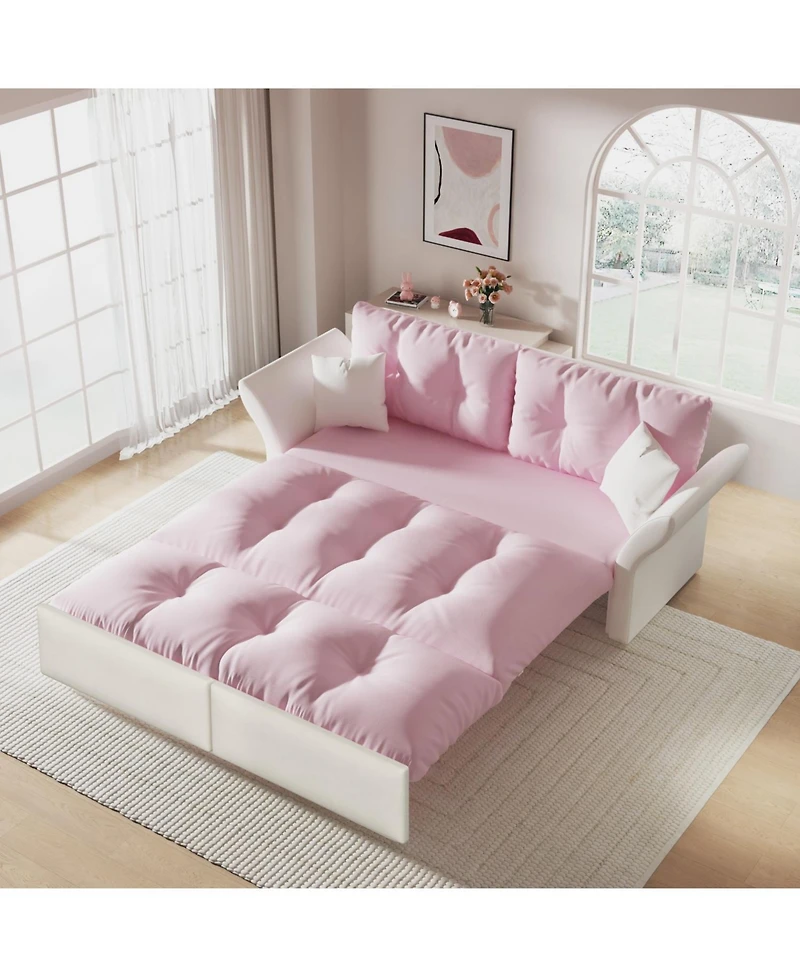 Streamdale Furniture Queen Pull Out Sofa Bed, 3-in-1 Convertible Sleeper, Tufted Velvet Loveseat, Pink