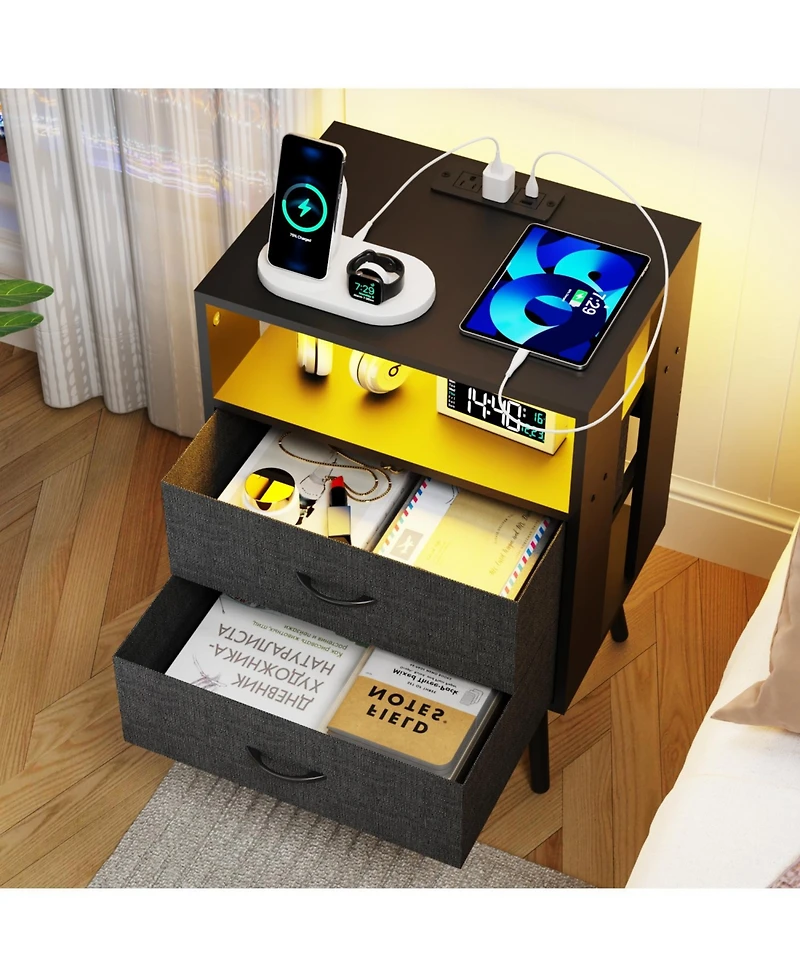 Streamdale Furniture Charging Nightstand with Led & Fabric Drawers