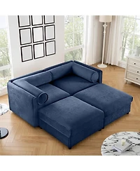 Streamdale Furniture Blue Chenille 2-Seater Sofa with Storage Ottomans