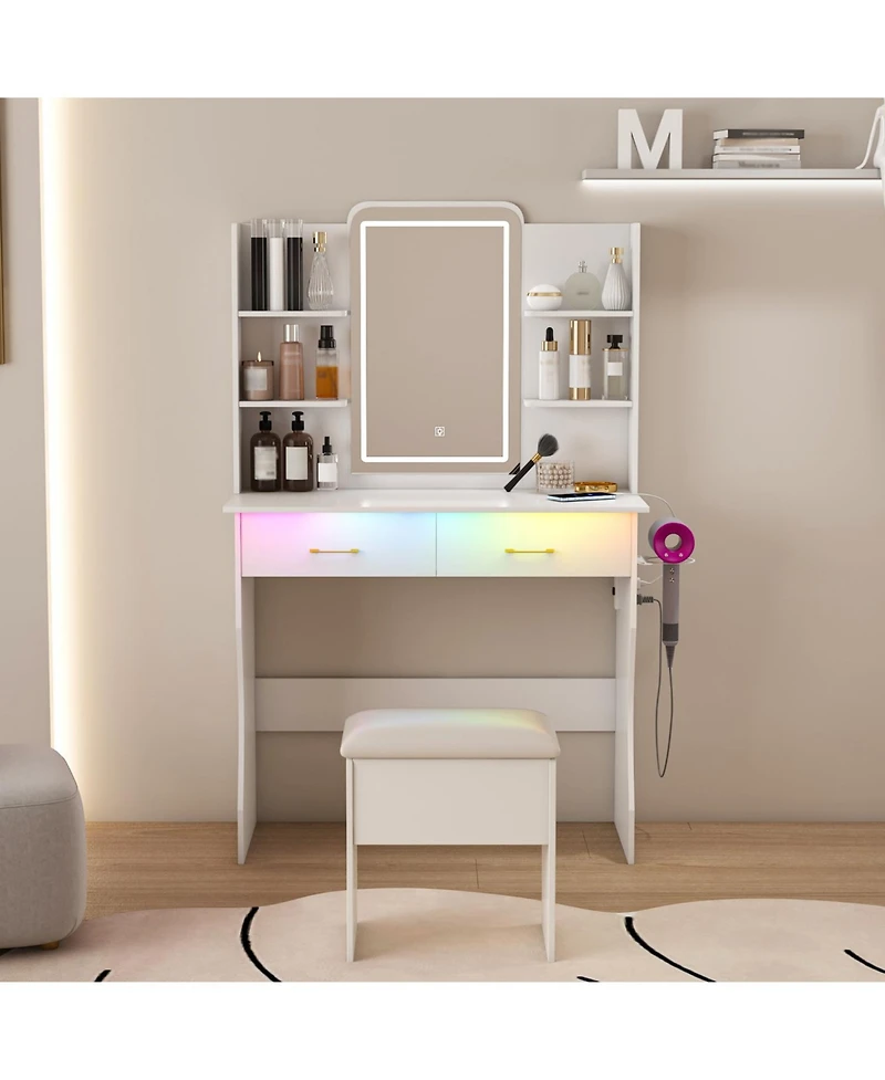Streamdale Furniture Vanity Desk with Led Lights Mirror, Power Outlet, Drawers & Chair - White