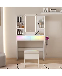 Streamdale Furniture Vanity Desk with Led Lights Mirror, Power Outlet, Drawers & Chair - White
