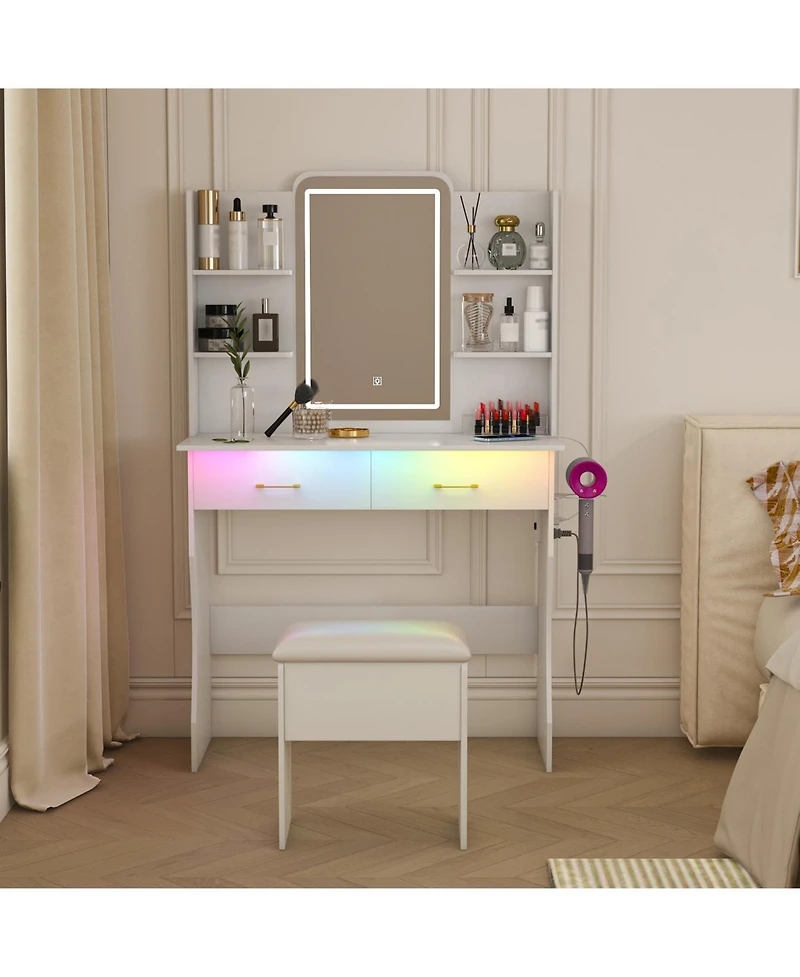 Streamdale Furniture Vanity Desk with Led Lights Mirror, Power Outlet, Drawers & Chair - White