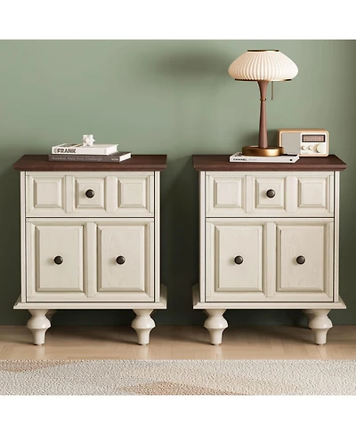 Streamdale Furniture Vintage Nightstand 2 Drawers, Solid Wood, Antique White (Set of 2)
