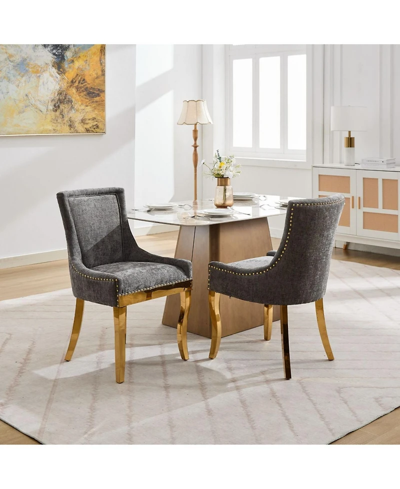 Streamdale Furniture Streamdale Chenille Dining Chairs, Gold Legs, Rivet Trim, Set of 2