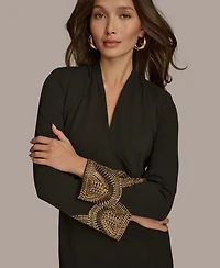 Donna Karan New York Women's Long Sleeve V-neck Hot Fix Sheath Midi Dress