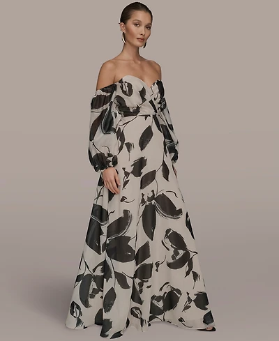 Donna Karan New York Women's Floral Print Sweetheart Neckline Puff Sleeve Gown