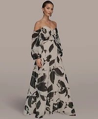 Donna Karan New York Women's Floral Print Sweetheart Neckline Puff Sleeve Gown