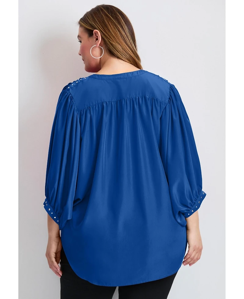 Avenue Women's Plus Studded Blouson Sleeve Blouse