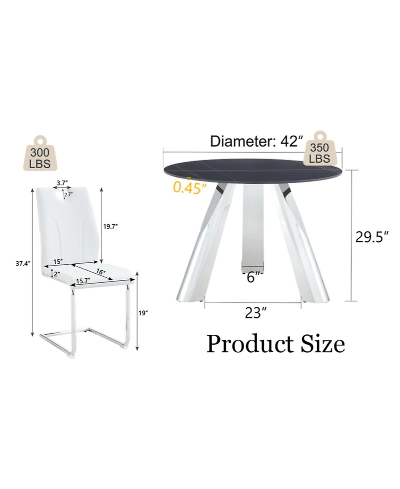 Streamdale Furniture 42" Round Sintered Stone Table & 6 White/Silver Chairs