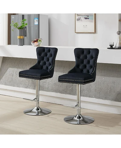 Streamdale Furniture Chrome Swivel Velvet Barstools, Adjustable 25-33", Tufted, Black, Set of 2