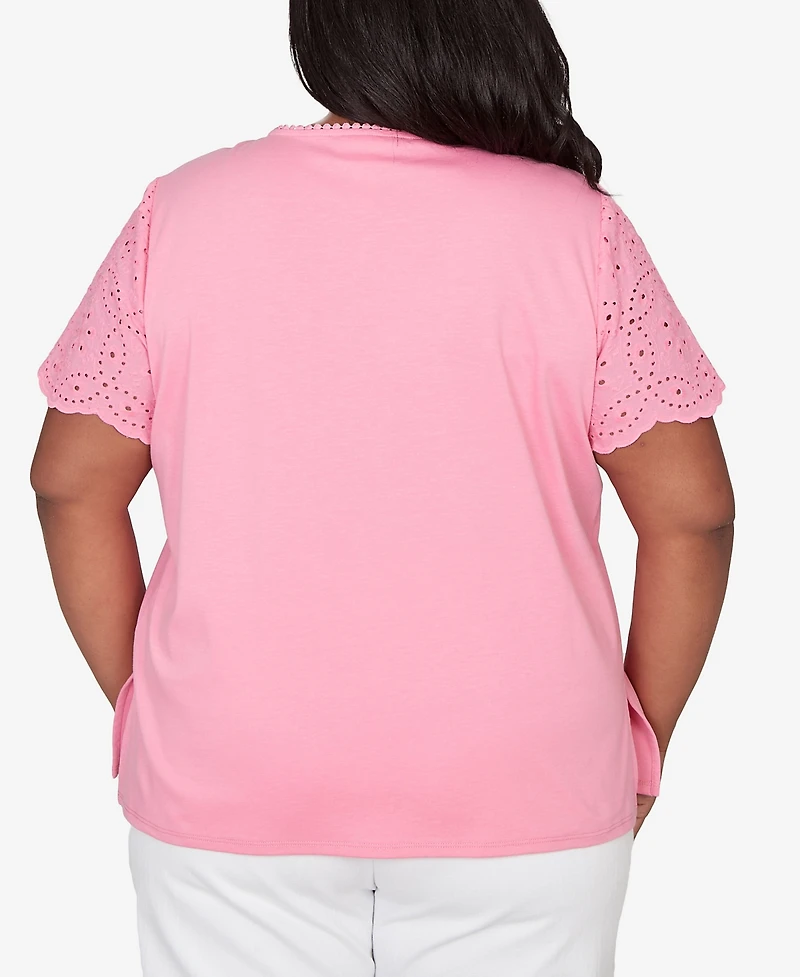 Alfred Dunner Plus Classic Solid Eyelet Sleeve T-Shirt with Necklace