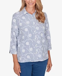 Alfred Dunner Plus Classic Puff Print Pinstripe Embroidered Top