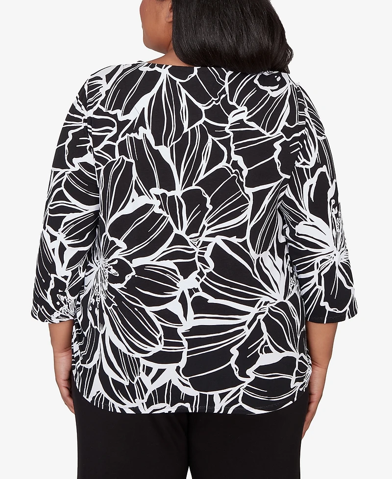 Alfred Dunner Plus Classic Floral Linework Side Tie Ruched Top