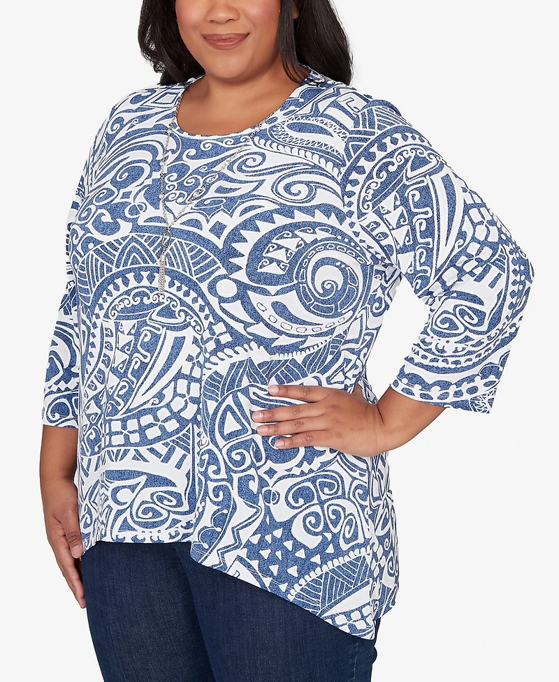Alfred Dunner Plus Classic Paisley Swirl SharkBite Hem Top with Necklace
