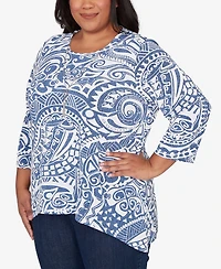Alfred Dunner Plus Classic Paisley Swirl SharkBite Hem Top with Necklace