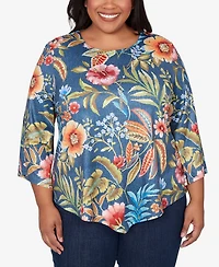 Alfred Dunner Plus Classic Floral Print Pointed Hem Top with Necklace