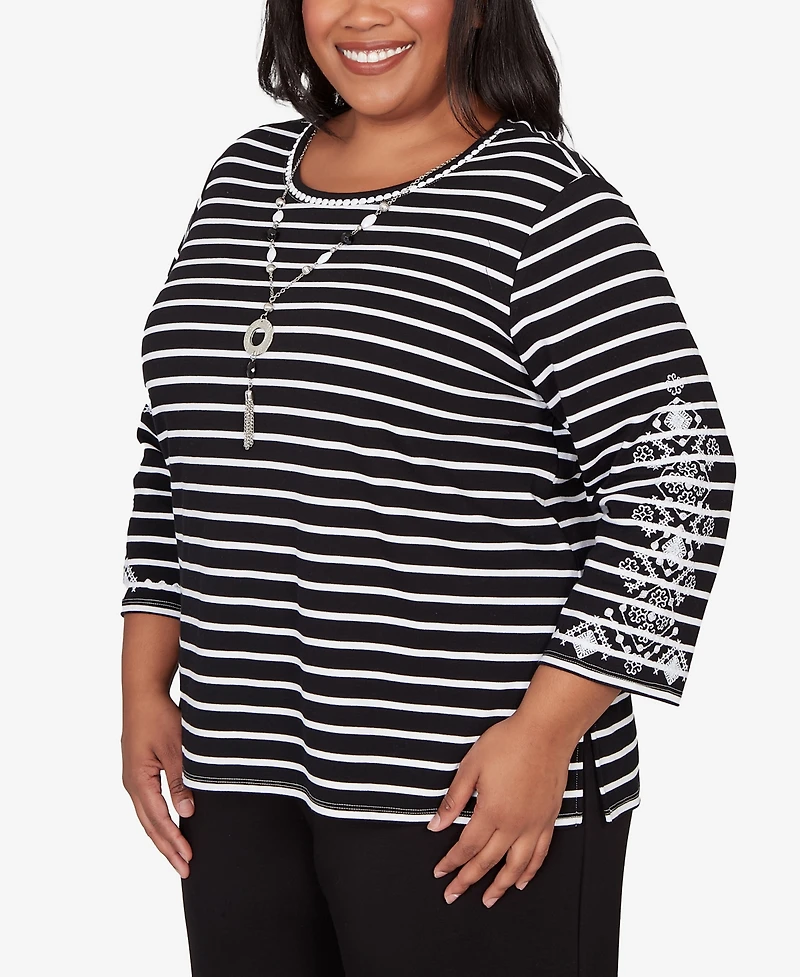 Alfred Dunner Plus Classic Pinstripe Embroidered Sleeve Top with Necklace