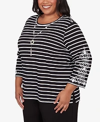 Alfred Dunner Plus Classic Pinstripe Embroidered Sleeve Top with Necklace