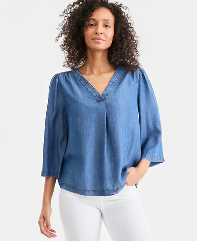 Style & Co Women's V-Neck Chambray Top, Macy's Exclusive