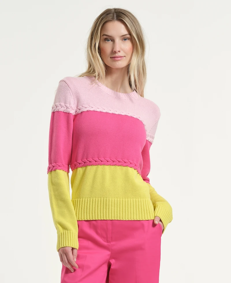 Isaac Mizrahi Women's Braided Color-Block Crewneck Sweater