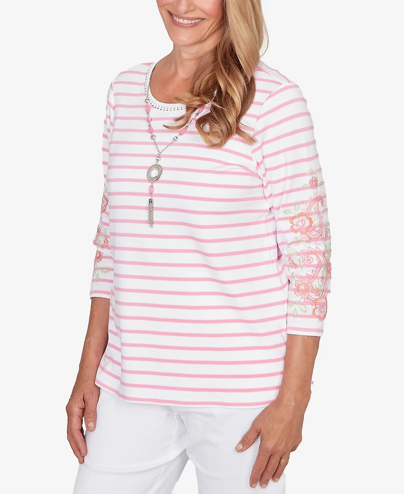 Alfred Dunner Women's Classic Stripe Embroidered Sleeve Top with Necklace