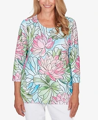 Alfred Dunner Women's Classic Stained Glass Floral Print Top with Necklace