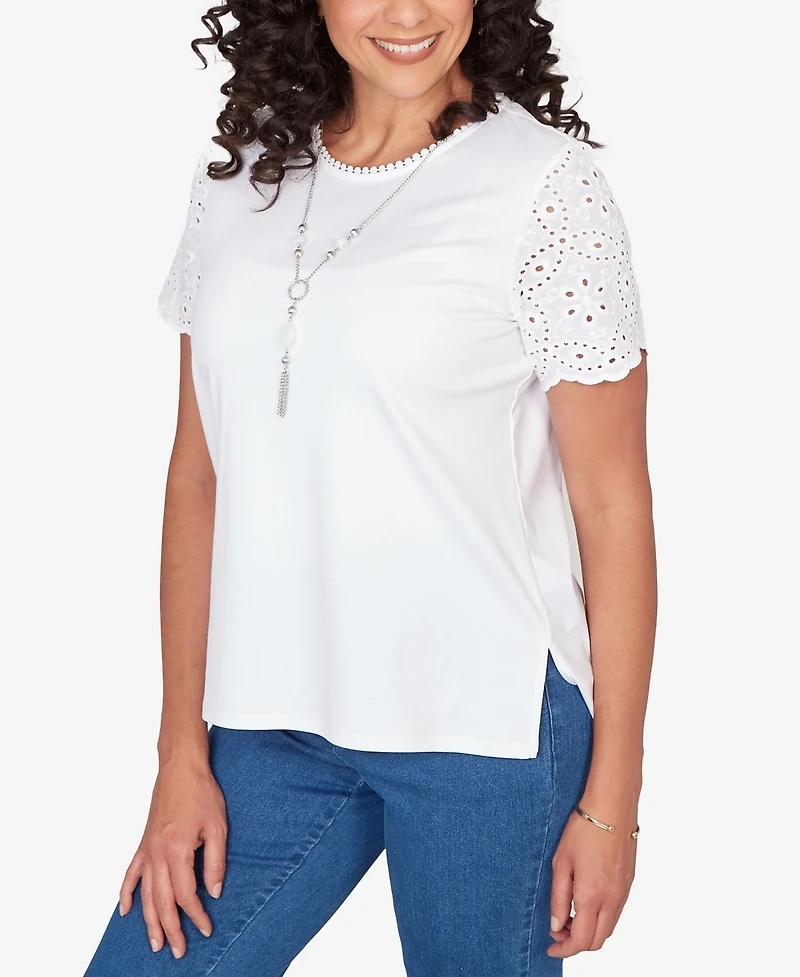 Alfred Dunner Women's Classic Solid Eyelet Sleeve T-Shirt with Necklace