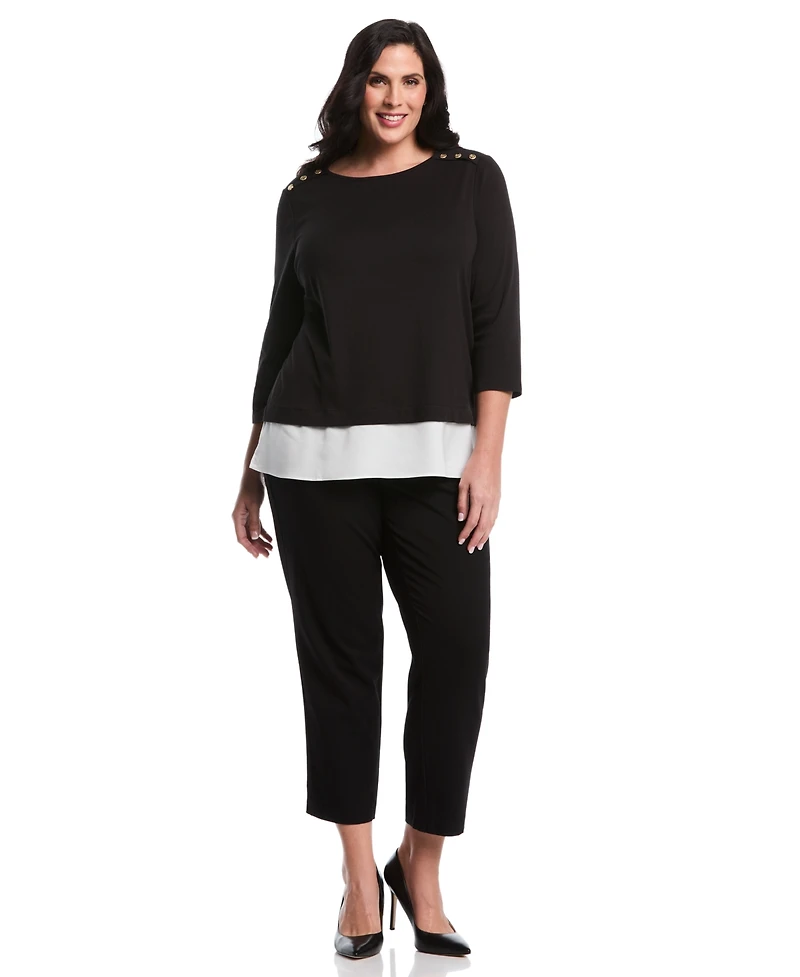 Rafaella Plus Rivet Detail Mixed Media Layered 3/4 Sleeve Top