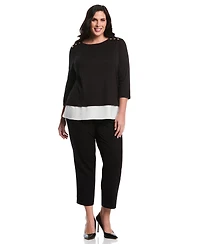 Rafaella Plus Rivet Detail Mixed Media Layered 3/4 Sleeve Top