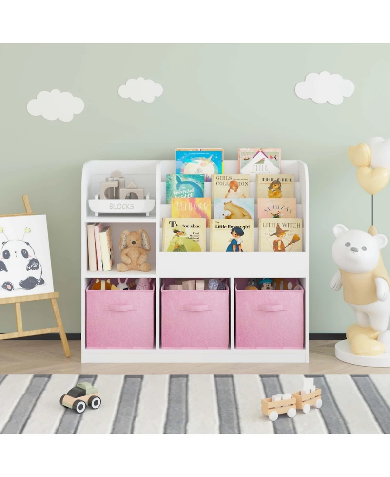 Cesicia White/Pink Kids Bookcase with 3 Collapsible Fabric Drawers for Bedroom