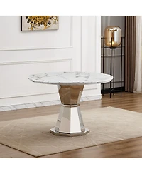 Streamdale Furniture 47" Round Marble Dining Table, High Gloss Faux Marble Top, Stainless Steel Base (White