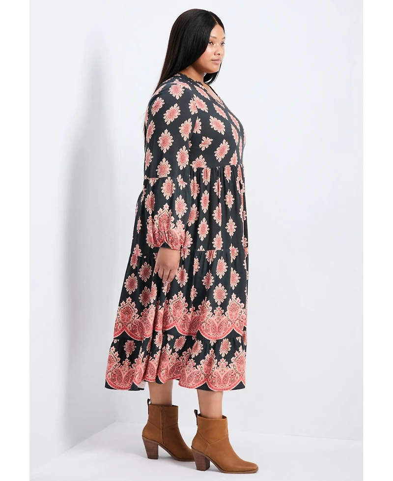 Avenue Women's Everlasting Bordered Print Blouson Sleeve Dress