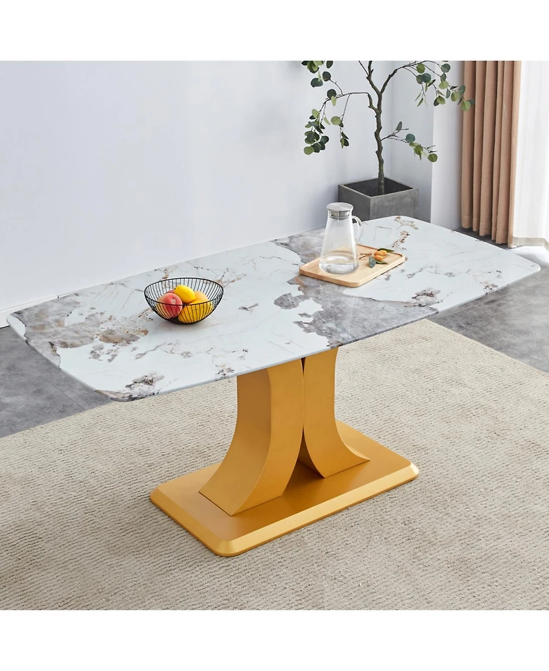 Streamdale Furniture A modern minimalist dining table. Imitation marbled glass tabletop. Gold Mdf table legs for kitchen and living room