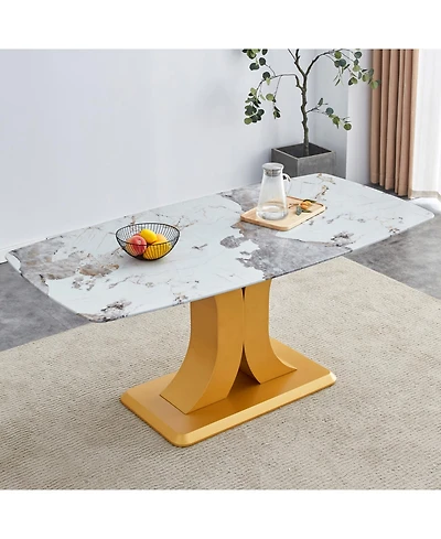 Streamdale Furniture A modern minimalist dining table. Imitation marbled glass tabletop. Gold Mdf table legs for kitchen and living room