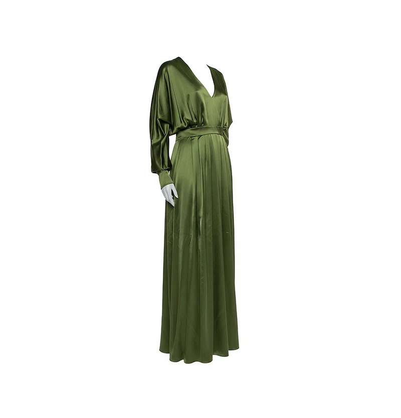 Pre-Owned Balmain Women's Green Silk Satin Pleated Front Slit Detail Maxi Dress