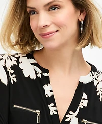 Jm Collection Petite Cameron Floral Split-Neck Zip-Pocket Top, Macy's Exclusive