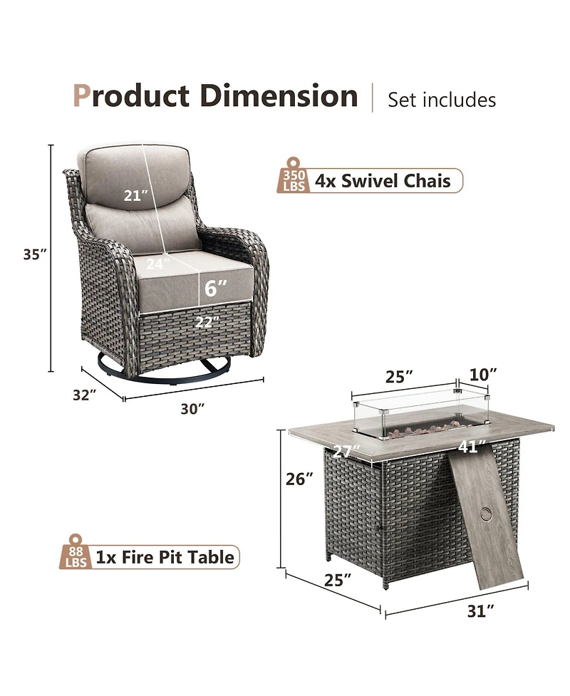 Gymojoy Crescent All-weather Pe Wicker Fire Pit Conversation Set with Olefin 6 Inch Thick Cushions Patio Swivel Chairs (5-Piece)