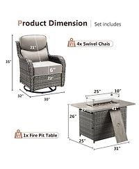 Gymojoy Crescent All-weather Pe Wicker Fire Pit Conversation Set with Olefin 6 Inch Thick Cushions Patio Swivel Chairs (5-Piece)