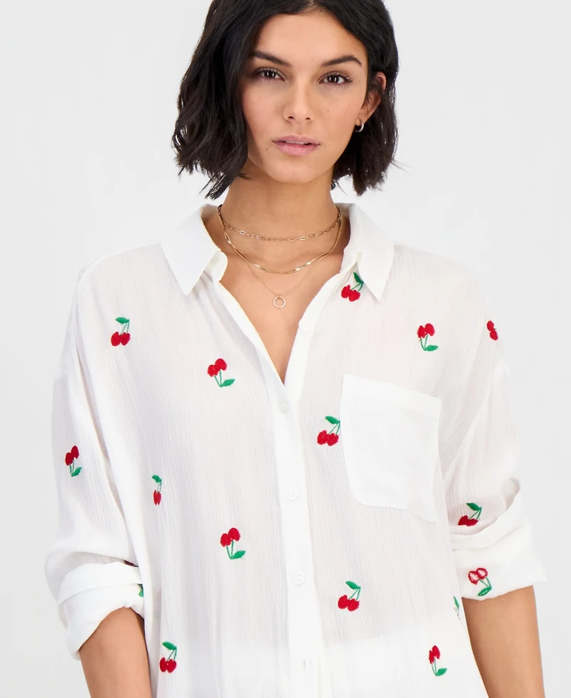 Miken Women's Cherry Embroidered Button-Down Swim Shirt