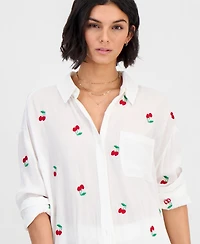 Miken Women's Cherry Embroidered Button-Down Swim Shirt