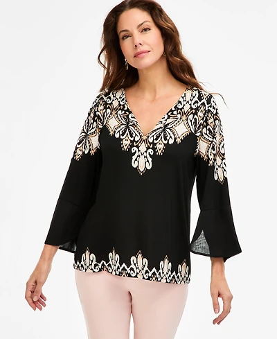 Jm Collection Women's Printed 3/4-Sleeve Chiffon-Cuff Top, Macy's Exclusive