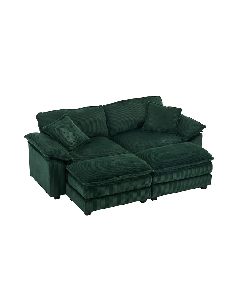 Streamdale Furniture Corduroy 2-Seat Sofa with Pillows & Ottomans - Green