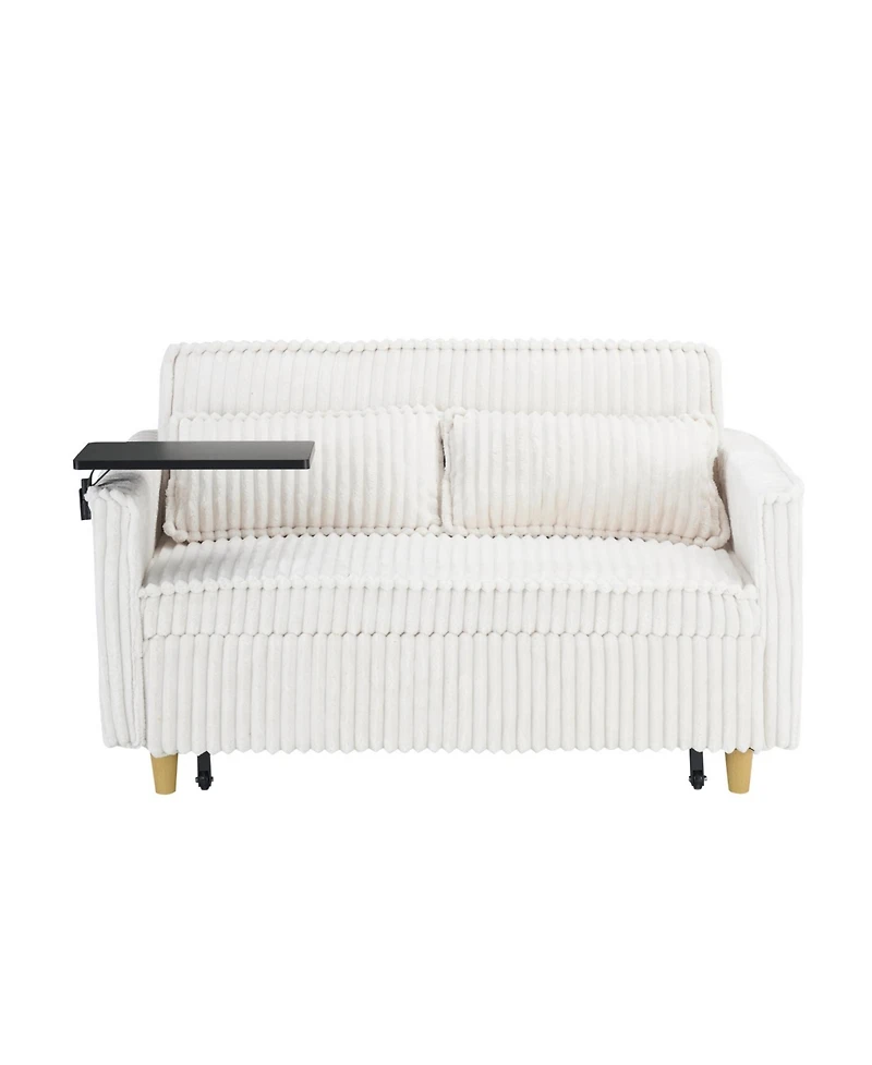 Streamdale Furniture Beige Corduroy Pull-Out Sofa w/ Movable Tabletop & Usb