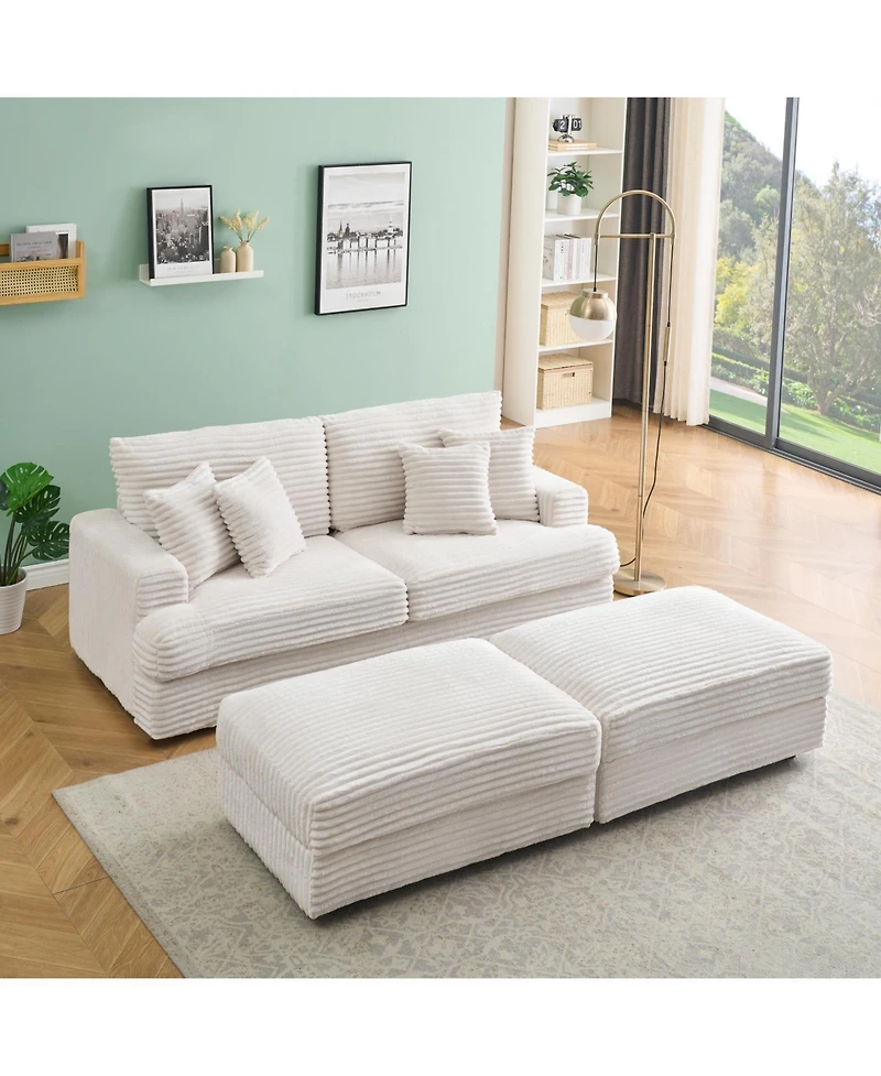 Streamdale Furniture White Corduroy Sofa w/ Storage Legs & Pillows