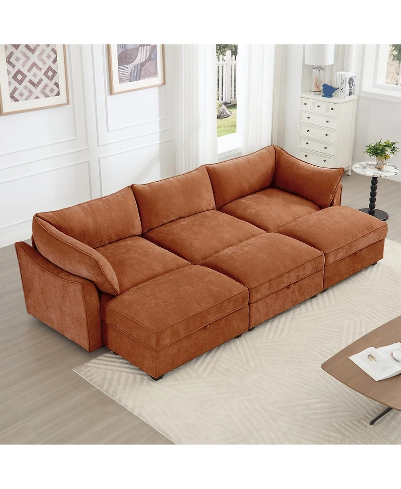 Streamdale Furniture 3-Seat Sofa w/ Ottomans & Storage - Chenille Orange