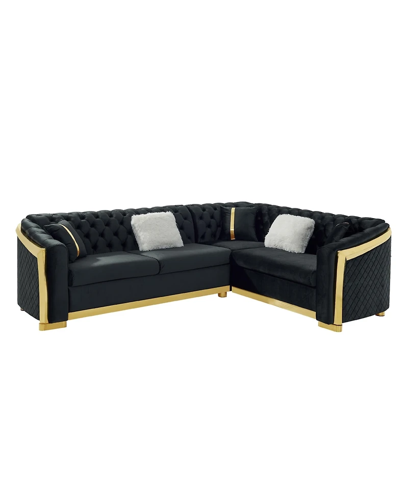 Streamdale Furniture L-Shaped Chesterfield Sectional Sofa, Velvet, Gold Accents, Black