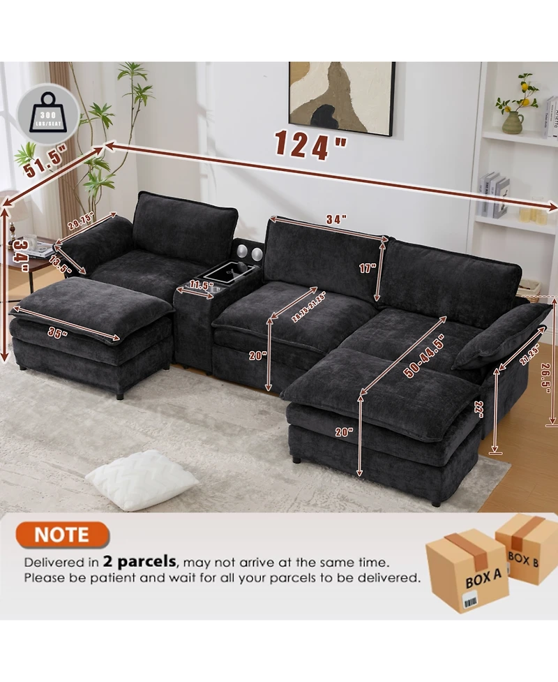 Streamdale Furniture Streamdale U-Shaped Sectional Sofa w/ Storage, Wireless Charging, Bluetooth & Footstools